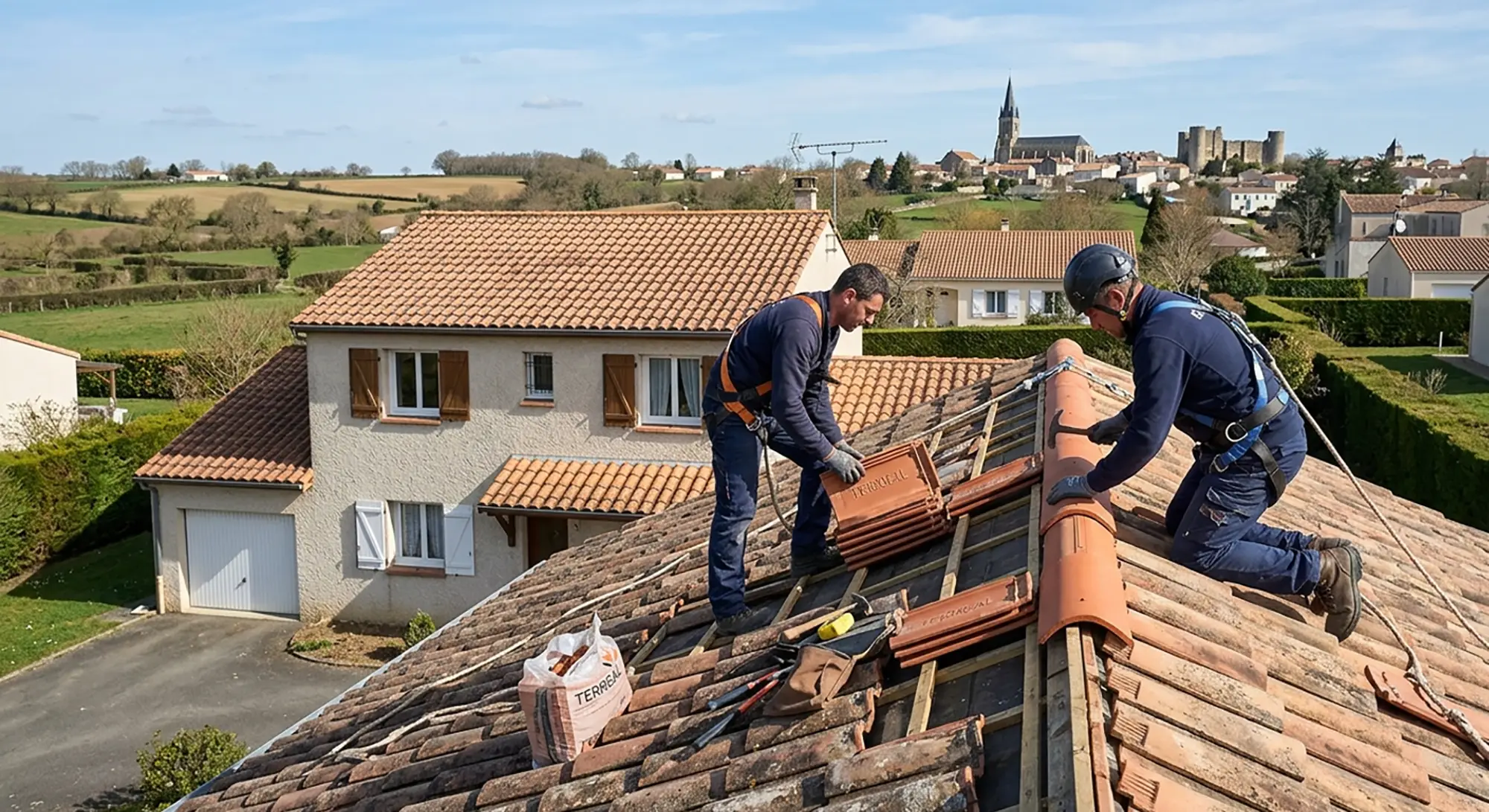Artisan couvreur travaillant sur un toit à Bressuire